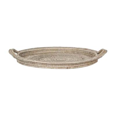 Paume Handcrafted Rattan Round Tray with Handle, White Wash