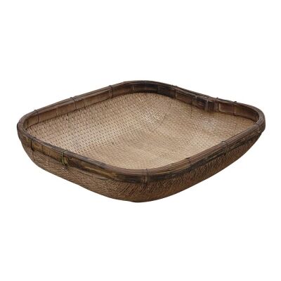 Toril Antique Oriental Bamboo Rattan Tray, Square