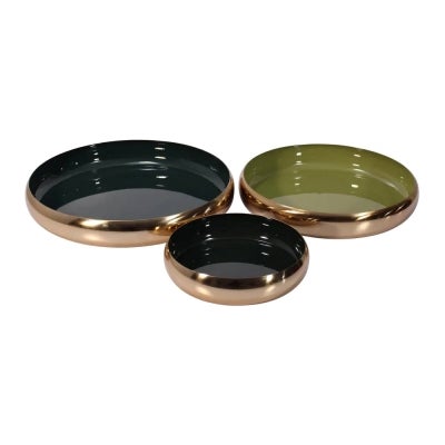 Donai 3 Piece Enamelled Brass Flat Bowl Set, Olive / Navy