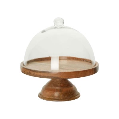 Alicia Glass Cloche Cake Stand with Timber Base, Large
