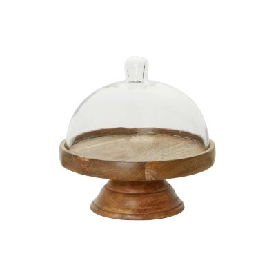 Alicia Glass Cloche Cake Stand with Timber Base, Small