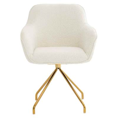 Levi Boucle Fabric Swivel Dining Armchair, White / Gold