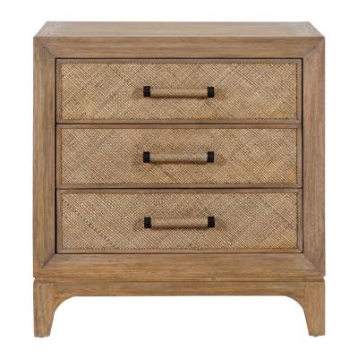 Cypress Timber & Rattan Bedside Table, 3 Drawer