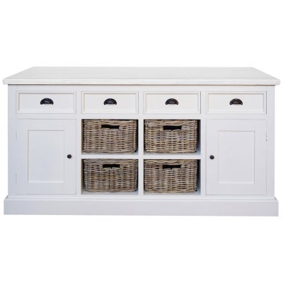 Matravers Mahogany Timber 2 Door 4 Drawer Buffet Table with 4 Baskets, 160cm, White Top