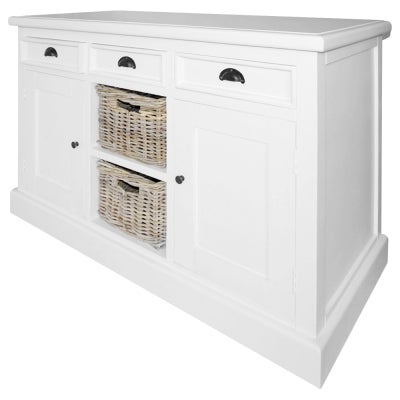 Matravers Mahogany Timber 2 Door 3 Drawer Buffet Table with 2 Baskets, 125cm, White Top