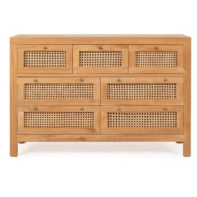 Somers Teak Timber 7 Open Mesh Cane Drawer Chest, Natural