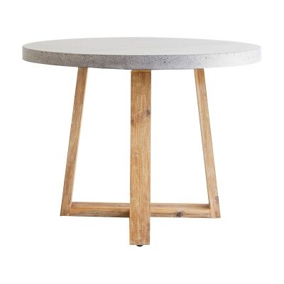 Alta Engineered Stone & Acacia Timber Round Dining Table, 160cm, Speckled Grey / Light Honey