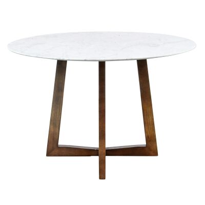 Zed Marble Top Round Dining Table, 115cm, White / Walnut