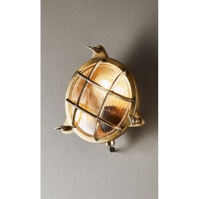 Palmerston Outdoor Metal & Glass Bunker Wall Light, Antique Brass