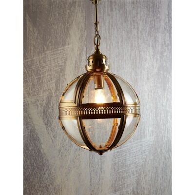 Saxon Metal & Glass Globe Pendant Light, Medium, Antique Brass