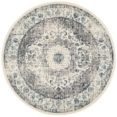 Evoke Mist Turkish Made Oriental Round Rug, 150cm, White