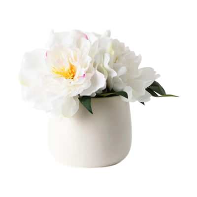 Ophelia Artificial Peony Mix in Ceramic Pot, 22cm, White Flower