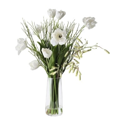 Priscilla Artificial Tulip Hybrid Mix in Glass Vase, White Flower