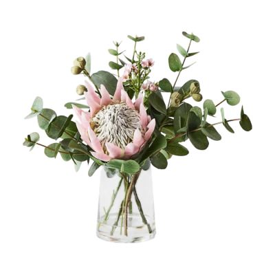 Larissa Artificial Protea King Mix in Glass Vase, 30cm, Light Pink Flower