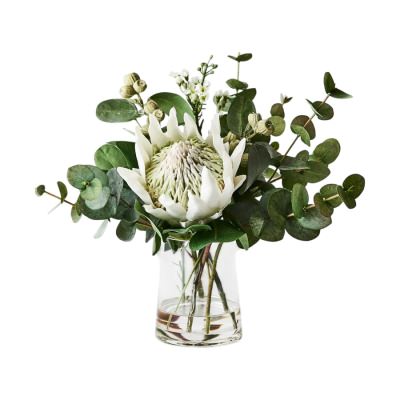 Larissa Artificial Protea King Mix in Glass Vase, 30cm, White Flower