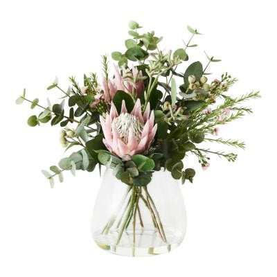 Larissa Artificial Protea King Mix in Glass Vase, 57cm, Light Pink Flower 