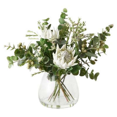 Larissa Artificial Protea King Mix in Glass Vase, 57cm, White Flower