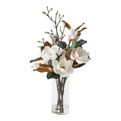 Laurel Artificial Magnolia Japanese Mix in Glass Vase , White Flower