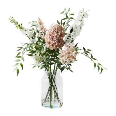 Pandora Artificial Hydrangea Delphinium Mix in Glass Vase, Dusty Pink / White
