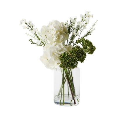 Lyra Artificial Hydrangea Larkspur Mix in Glass Vase, 70cm