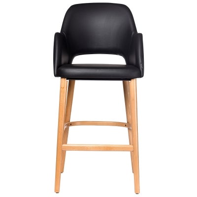 Durafurn Sorbet Commercial Grade Vinyl Bar Stool, Timber Leg, Black / Trojan Oak