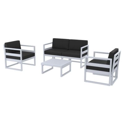 Siesta Mykonos 4 Piece Outdoor Lounge Set with Cushions, 2+1+1 Seater, Silver Grey / Black
