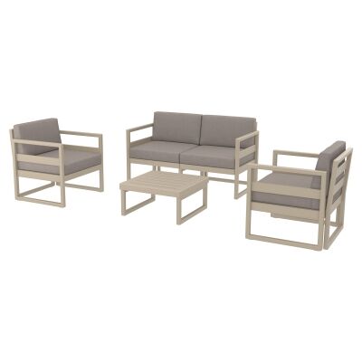Siesta Mykonos 4 Piece Outdoor Lounge Set with Cushions, 2+1+1 Seater, Taupe / Light Brown