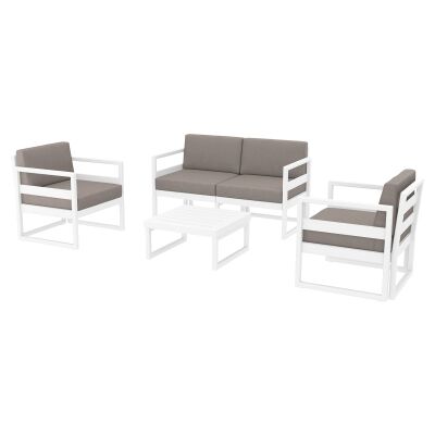 Siesta Mykonos 4 Piece Outdoor Lounge Set with Cushions, 2+1+1 Seater, White / Light Brown