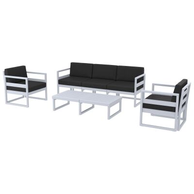 Siesta Mykonos 4 Piece Outdoor Lounge Set with Cushions, 3+1+1 Seater, Silver Grey / Black