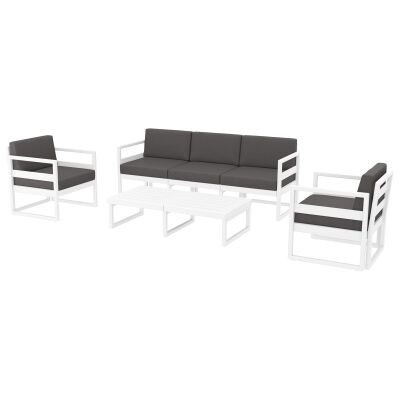 Siesta Mykonos 4 Piece Outdoor Lounge Set with Cushions, 3+1+1 Seater, White / Dark Grey