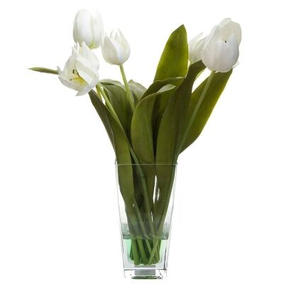 Artificial Tulips in Glass Vase, White
