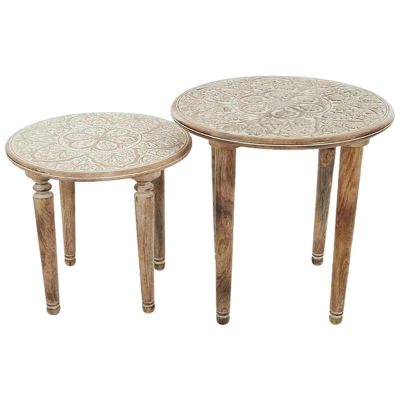 Castler 2 Piece Carved Wooden Round Nested Table Set