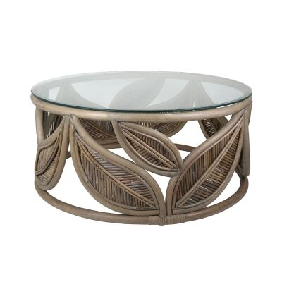 Seville Glass Topped Rattan Round Coffee Table, 81cm, Grey Wash