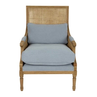 Hicks Caned Timber Armchair with Cushions, Natural / Grey Blue