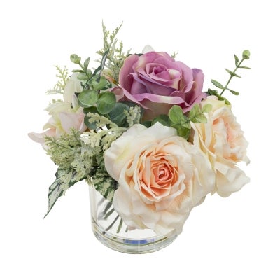 Stella Artificial Rose & Hydangea Mixed Arrangement in Vase, 24cm, Soft Pink Flower
