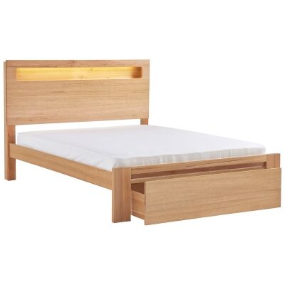 Gilmore Tasmanian Oak Timber Nightlite Bed with End Drawer, Queen