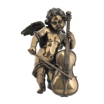Veronese Cold Cast Bronze Coated Cherub Figurine, Playing Cello