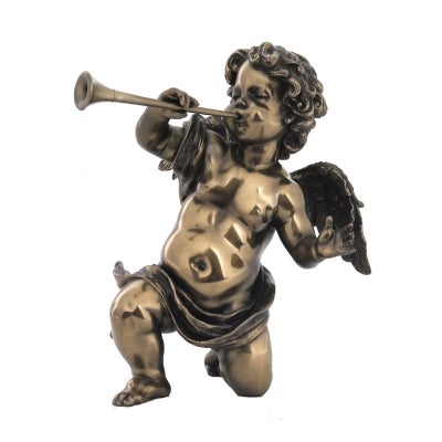 Veronese Cold Cast Bronze Coated Cherub Figurine, Playing Trumpet