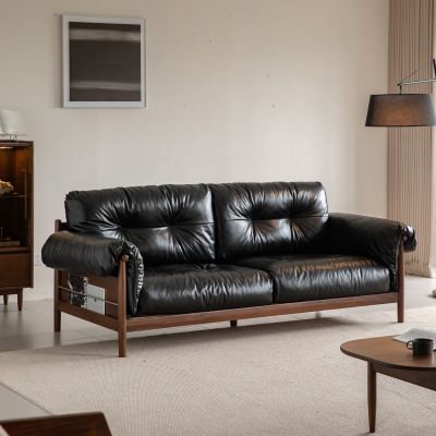 Ivoren Leather & American Walnut Timber Sofa, 3.5 Seater, Black