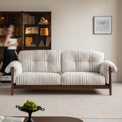 Ivoren Chenille Fabric & American Walnut Timber Sofa, 3.5 Seater, Retro Stripe