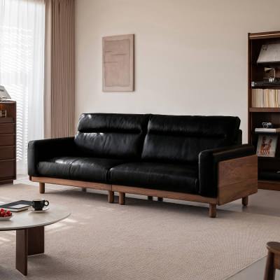 Fenroux Leather & American Walnut Timber Modular Sofa, 3.5 Seater, Black