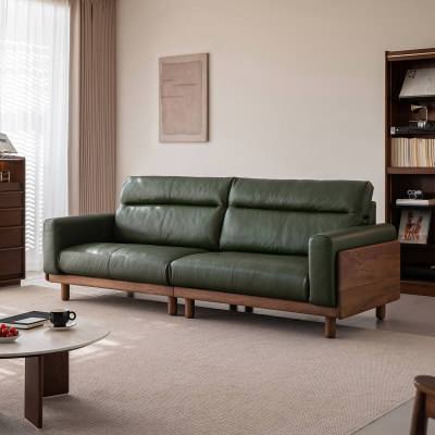 Fenroux Leather & American Walnut Timber Modular Sofa, 3.5 Seater, Green