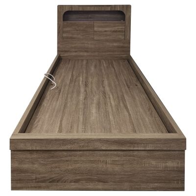 Minetto Gas Lift Modern LED Nightlite Platform Bed with USB Charger & End Drawer, Double, Oak