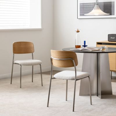 Estor American White Oak & Stainless Steel Stackable Dining Chair with Fabric Seat, Set of 2