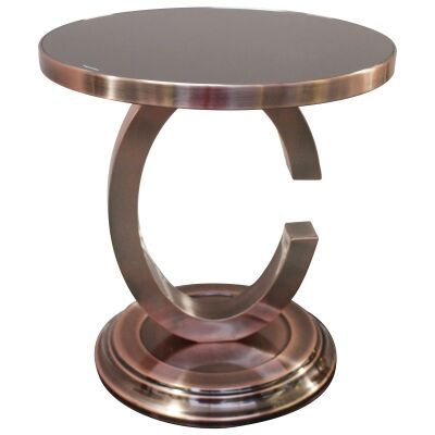 Chanel Glass Top Stainless Steel Side Table, Copper / Black