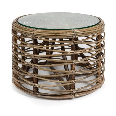 Lenkawe Distressed Rattan Round Coffee Table with Glass Top, 60cm, Natural