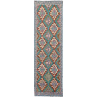 One of A Kind Ziva Hand Knotted Wool Maimana Kilim Runner Rug, 296x72cm
