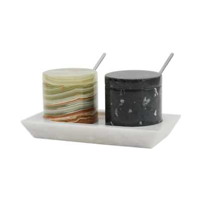 Marcellus Marble Twin Salt Cellar with Tray Set, Black / Green