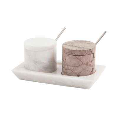Marcellus Marble Twin Salt Cellar with Tray Set, White / Marinara