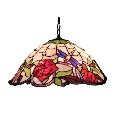 Rose & Dragonfly Tiffany Style Stained Glass Hanging Lamp